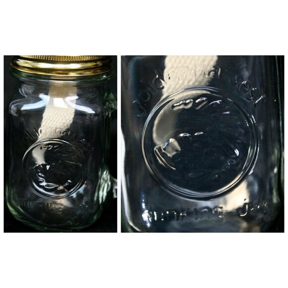 Golden Harvest Drinkin Canning Style Jar Hurricane Lamp Oil Frosted Handle Glass - Picture 3 of 12